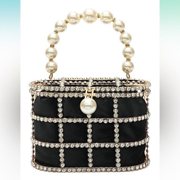 Pearl & rhinestone fancy party handbag clutch - velvet bag - Picture 3 of 9